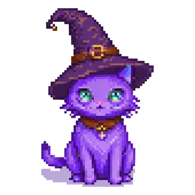 A purple witch cat, pixel art style, sitting. sticker