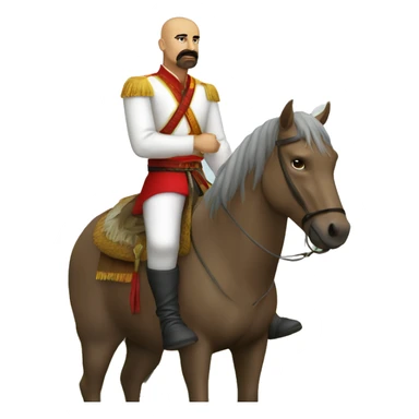 a Cossack warrior sitting on a horse in a field. The Cossack has a shaved head and a long strand of hair on one side. He has a thick, curved mustache and wears a gold earring in his left ear. He is wearing a simple white shirt and red pants sticker