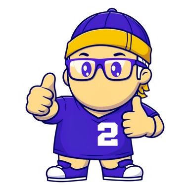 Man with black and white cap, purple sports jersey with number 32, clear glasses, disheveled light blond mullet hairstyle, thumbs up gesture, relaxed expression sticker