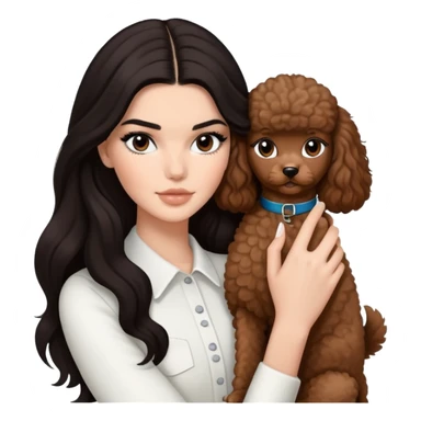 Kendall Jenner with long dark hair, holding a brown poodle and a black and white cat sticker