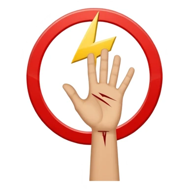 invented traffic sign: red circle with open palm and lightning bolt drawn, diagonal prohibition line sticker