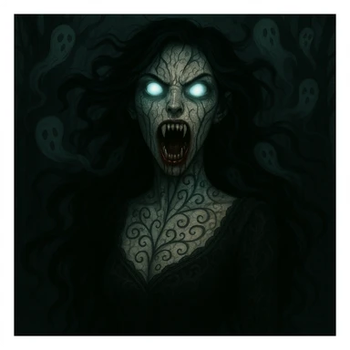 Make the beautiful scary girl even scarier with extreme supernatural horror features, more disturbing and haunting, while keeping her gothic beauty. Enhance the supernatural and horror elements to create a deeply unsettling and haunting atmosphere. sticker