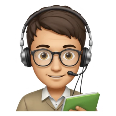 young Italian man, intelligent and focused, doing data analysis, wearing glasses and small headphones, smiling sticker