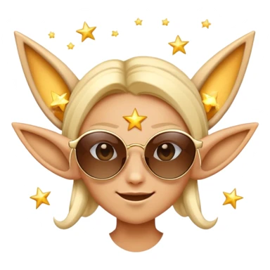 Design a playful emoji of a high Fae character with pointed ears and elven features, wearing stylish sunglasses. This emoji should exude a cool and mysterious vibe, incorporating magical elements like twinkling stars around him to emphasize his mystical nature. sticker
