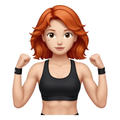 Athletic girl with long light red wavy hair and smaller boobs bigger arms. middle part and black sports bra sticker