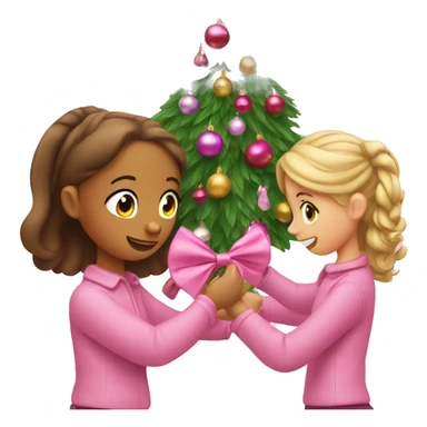 Two girls putting up bow ornaments on a pink Christmas tree sticker