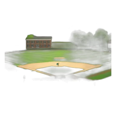 a small school with green mountain in north and creek in south and small children playing baseball on the field sticker