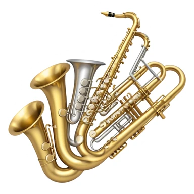 Create a professional, harmonious emoji collage symbolizing wind instruments.  The instruments should be in metallic gold, silver, and brass tones, with subtle reflections to convey a professional and polished appearance. Add soft musical notes or soundwaves to surround the instruments, creating a sense of movement and sound. The background should be transparent, ensuring all instruments are the focus and the composition remains harmonious and balanced. sticker