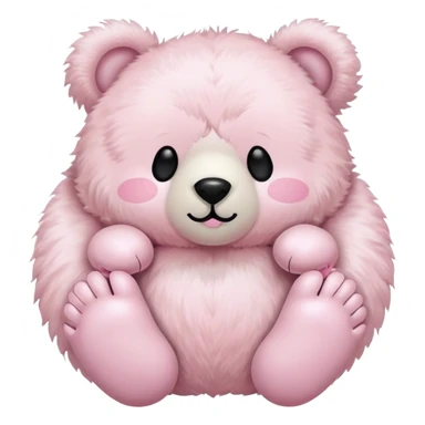 a fluffy toy teddy with a light pink colored shell and ears and a white face and bear feet, with a cute black closed eyes and mouth sticker