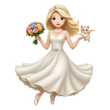 White woman - long hair - white wedding dress - holding a kitten - happy - jumping - fashionable - elegant - bouquet - dreamy - colorful - pearl accessories sticker