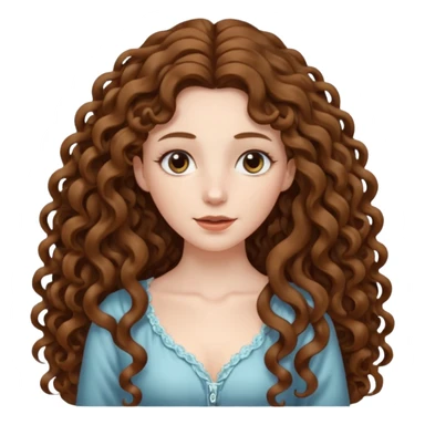 pale woman with brown curly very long hair, middle part. the hair is very very very very very very long, waist length, but you can't see her waist sticker