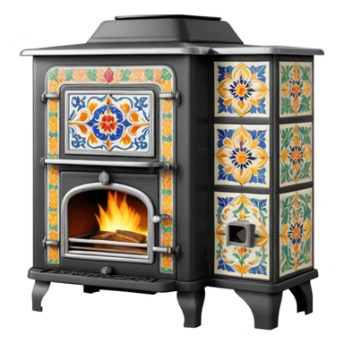 Ornamental European coal stove from the 1900s with ceramic tile decorations, tall design with metal door and coal burning inside sticker