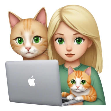 Blonde girl green eyes with apple MacBook and a cat sticker