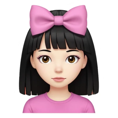 девушка с бледной кожей у неё длиные прямые черные волосы и челка прямая длинная ниже бровей глаза коричневого цвета худая у неё длиные ресницы одета в розовую футболку и на влосах слева бантих sticker