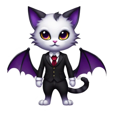 Cute-Edgy-Vampiric-Batty-Cat-Black-Purple-Red-Yellow-Contrast-Colors-Fantasy-Fur-Sona-Chibi-Shiny-Fakémon-Hybrid with horns and big fangs neck bow white tie leg spats full body sticker