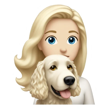 White lady with blonde hair and blue eyes and her white golden doodle dog sticker