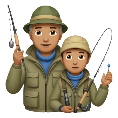 Father and son in fishing gear gesturing that they are cold sticker