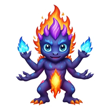 a mystical fast lava creature without arms with molten lava on its head and some rocky shoulders, fire crystals, blue flames, fire legs, no background, purple flames, mystical eyes sticker