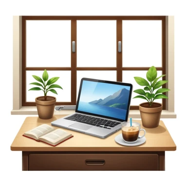 A desk by the window with summer sunshine in the background. On the desk, there is a laptop, a cup of iced coffee, and a small plant. An opened book is also present. sticker