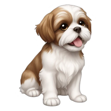 Shih tzu brown and white puppy close mouth smiling laying on the floor sticker