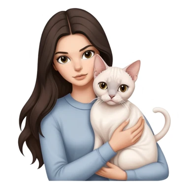 brunette Kendall Jenner with long hair holding on the hands a british white cat and a grey Sphynx sticker