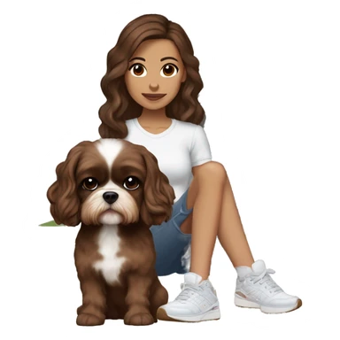 young woman with light bron skin, big brown eyes, tiny nose, long chocolate wavy hair. With a pair of sneakers on the background, add a house to the background, a shihtzu and a cihuahuadog sticker