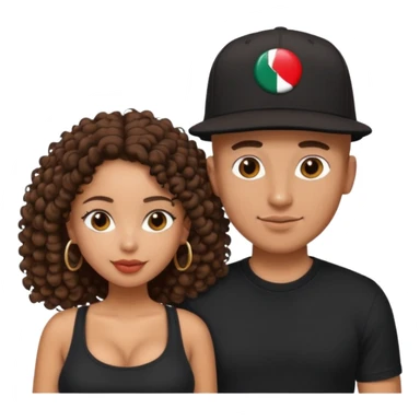 A picture of a loving tanned couple. the guy is Mexican, with a bald hair cut and he has a SnapBack hat on. The girl is mixed, the girl is wearing a black shirt, the girl has brown curly big hair and the girl has big boobs  sticker