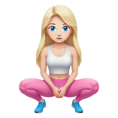 Cinematic realistic blonde with long hair and blue eyes, dressed in a white top and pink leggings, squats sticker