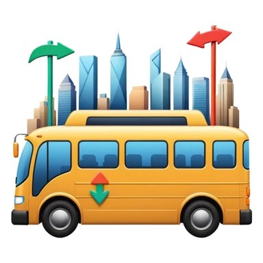 bus from a slight angle with three directional colorful arrows pointing to city icons, no skyline sticker