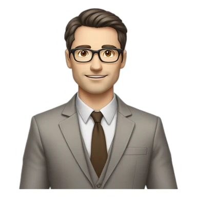 Pale skinned fit man with dark brown hair in gray jacket, beige office shirt, brown tie, brown pants and vintage glasses Writing on the marker board sticker