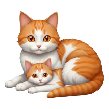 full body of a grey and white cat cuddling a very small + skinny ginger and white kitten with deep orange eyes and triangular shaped face lying down sticker