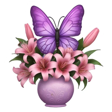 Aesthetic butterfly with purple and pink wings sitting on a dark purple bouquet of Lilies in a pastel pink vase sticker