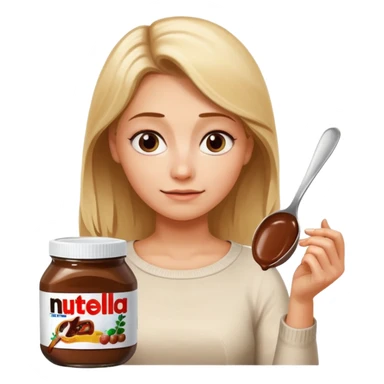 Nutella with a spoon. The glas of Nutella is almost empty . Only the one carriage of Nutella. Next to the Nutella is the head of a blond woman who is looking forward to eat the Nutella  sticker
