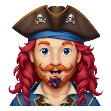 pirate with long curly red hair, blue eyes, strong nose and a chin dimple winking and licking his mouth seductively, no facial hair sticker