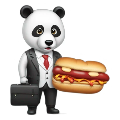 A professor with white suit and red tie and a panda face eating a hotdog and holding a black suitcase sticker