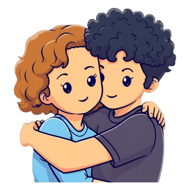 girl with long light brown hair and pale skin hugging a boy with short black curly hair and tanned skin sticker
