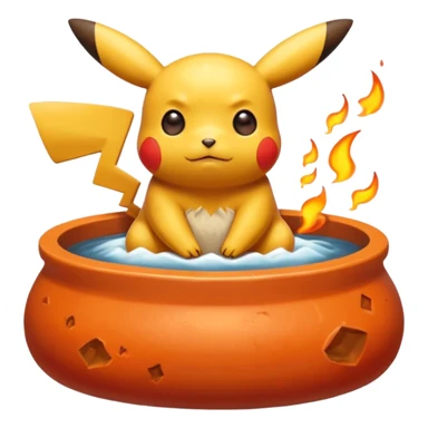 Un Pikachu rouge qui et triste avec des éclairs en fond et il a fait caca et pipi dans un pot orange et une montagne derrière  sticker