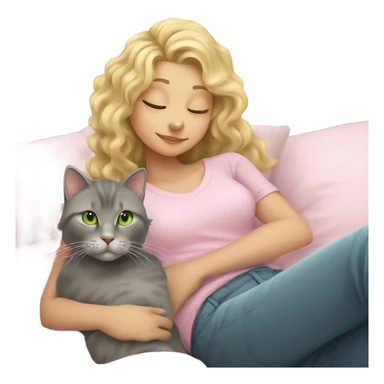 Grey cat with a blonde girl with curly hair and green eyes in light pink shirt relaxing on a bed sticker
