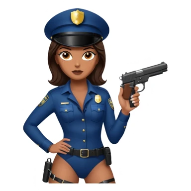 A sexy girl. with caramel skin. Dark brown hair and brown eyes. She has freckles. Wearing sexy makeup. Dressed as a sexy cop. wearing lingerie. Wearing heels. Holding a gun sticker