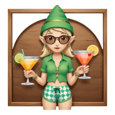 elf female legolas portrait, patterned board shorts (geometric/abstract), unique wooden-framed sunglasses, undercut hairstyle, slight smirk, visible pointy ears, no background, centered emoji, hipster summer vibe coctails with summer hat sticker