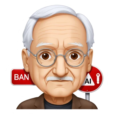 Frank Gehry with a "Ban AI" sign sticker