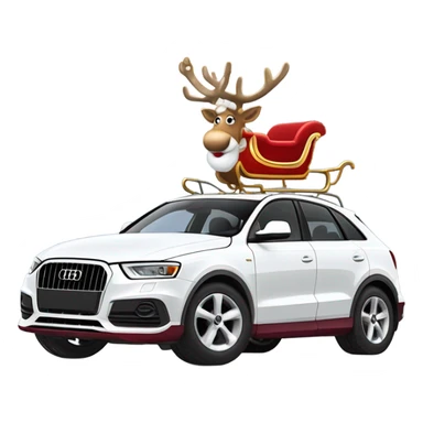 A white Audi Q3 as Santa Claus’s modern sleigh, harnessed to a reindeer with a red bridle and golden bells, set in a snowy winter scene. sticker