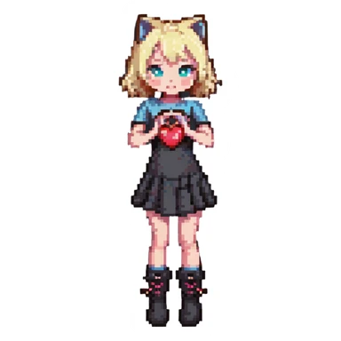girl in a short dress with gogo boots, blond hair, cut-out heart in the dress, yoga cat pose sticker