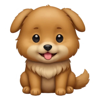 Cute small brown fluffy dog emoji icon. Round face, short muzzle, light brown fur with slightly darker ears, small black nose, happy smiling expression with tongue out. Soft friendly eyes, sitting pose with front paws together. Simple clean vector style, minimal details, kawaii style. sticker