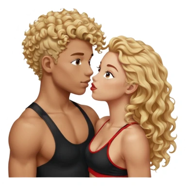 athletic man, high top fade, blonde curly hair only top only, no shirt and Athletic girl with long wavy red hair and black sports bra, Put them together kissing, or holding hands sticker