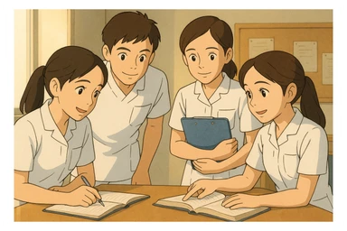 Quatre étudiants infirmiers en intérieur, style Ghibli, travaillant en collaboration et en interaction. Uniformes blancs à manches courtes, tuniques médicales col en V, poche poitrine à gauche, avant-bras nus, pas de pied de col ni stéthoscopes, cheveux longs attachés pour celles qui en ont. Visages inspirés des quatre photos jointes. sticker