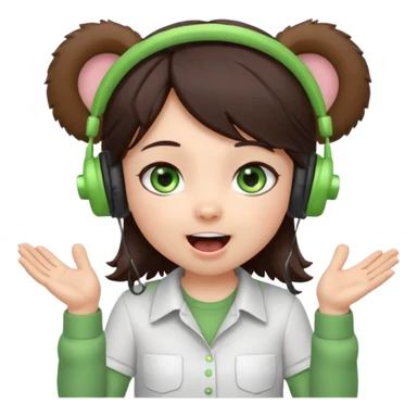 Chibi girl, dark brown hair, green eyes, wearing a white shirt and small brown bear ears on a headset, with wide happy surprised eyes and mouth and clapping excitedly sticker