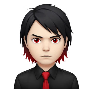 Gerard Way (Revenge Era)
Round, simplified emoji style
Pale skin tone
Jet-black, shoulder-length hair messy and emo
Heavy eyeliner and slight red shadow under the eyes
Subtle serious
Hint of red tie visible on black button up shirt.
Transparent background. Black eyeliner. Messy emo hair sticker