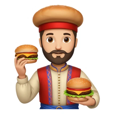 caucasian man with beard and armenian traditional costume, burger in one hand, coke in other sticker