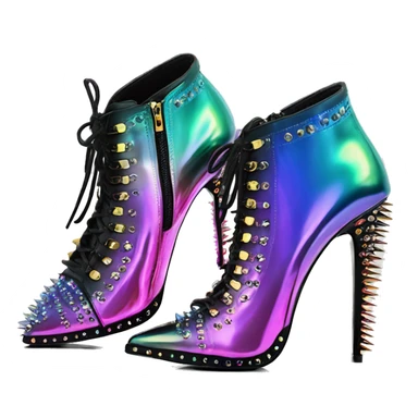 Realistic isolated top front view of a pair of Iridescent ombre studded spike heel ankle bootie boots.  sticker